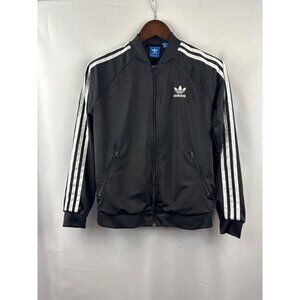 Women’s  Adidas Medium Black Windbreaker w/ White Stripes & Logo on Back